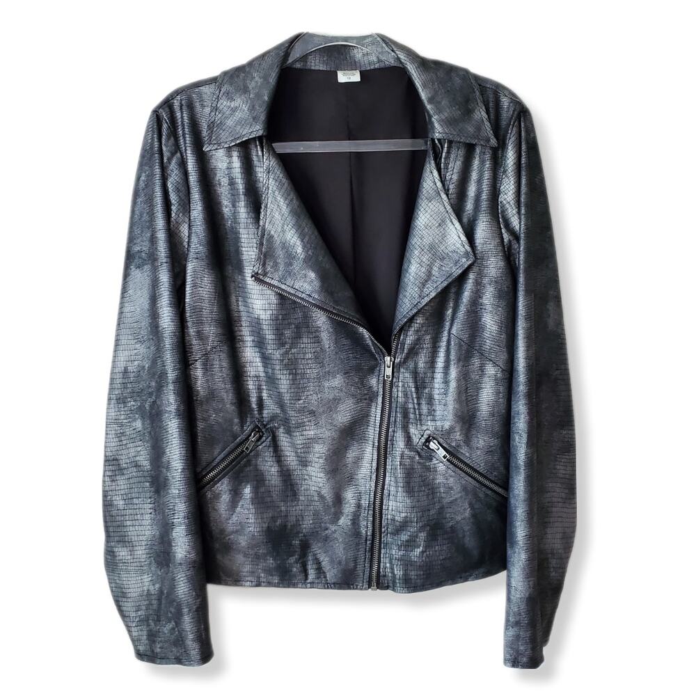 Women Metallic Gray Vegan Moto Jacket L 12 Whimsy Grunge Rocker Modern Indie - Picture 15 of 15
